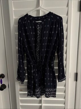 LOFT Navy Geometric Long-Sleeve Tie-Waist Shorts Romper